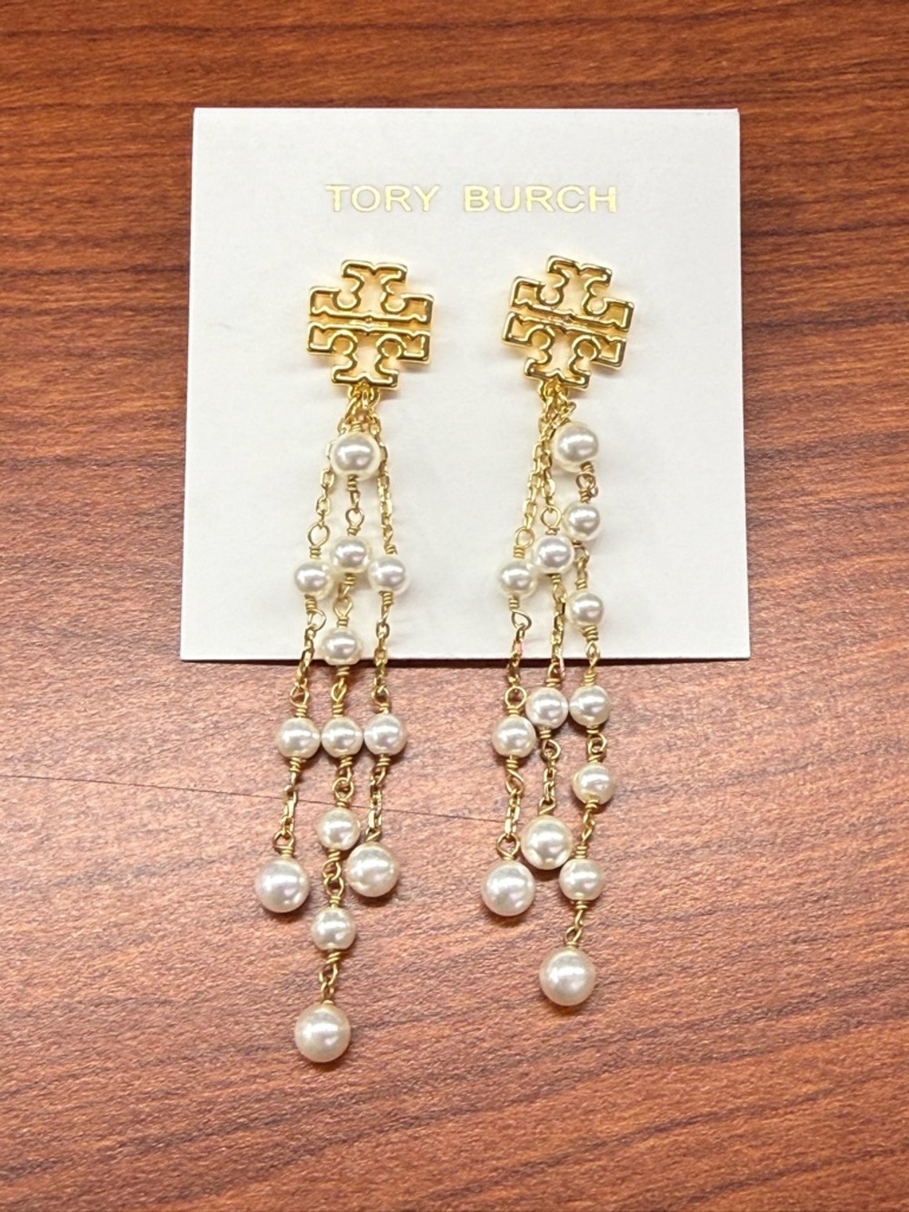 Tory Burch Gold and White Pearl Chain Drop Earrings